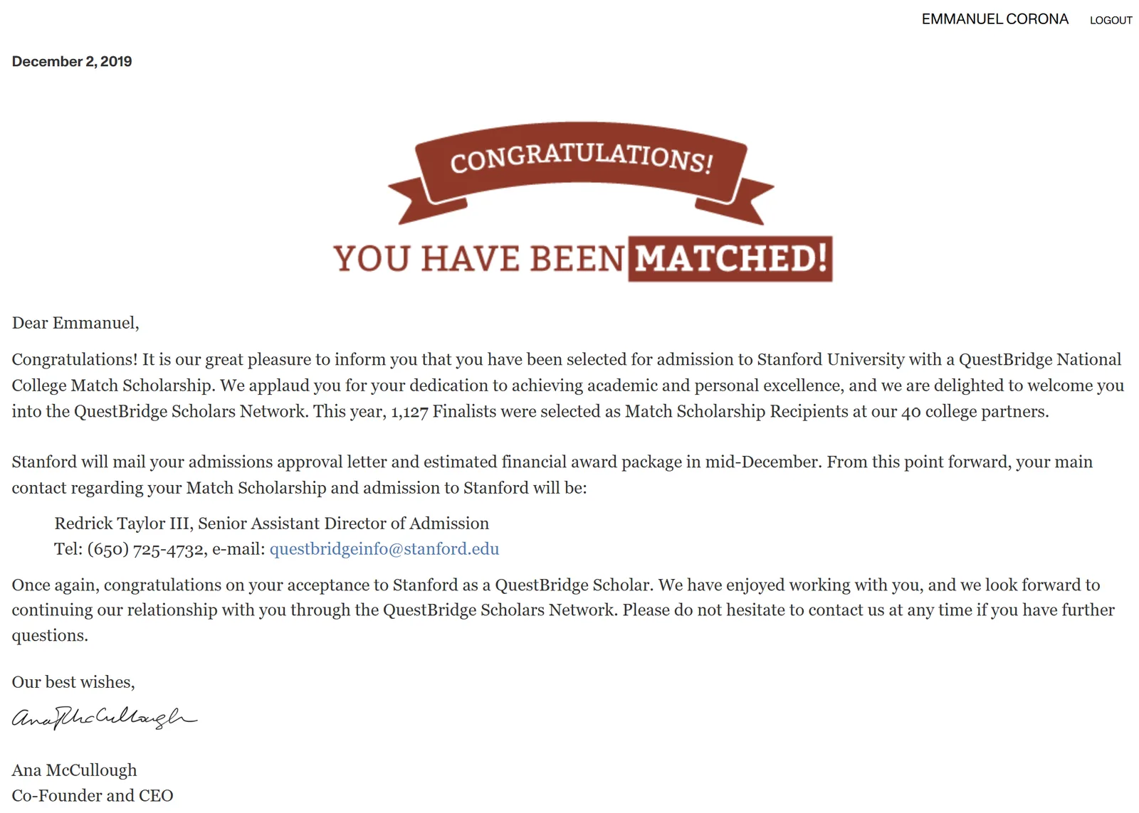 QuestBridge National College Match letter, December 2019