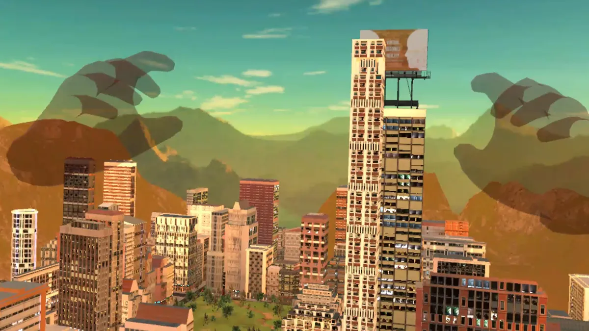 Superhero flight over the city